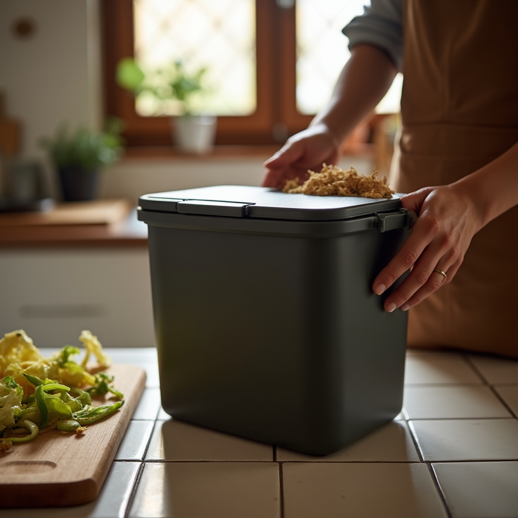 Compostera pequeña de balde con tapa hermética en una cocina de departamento