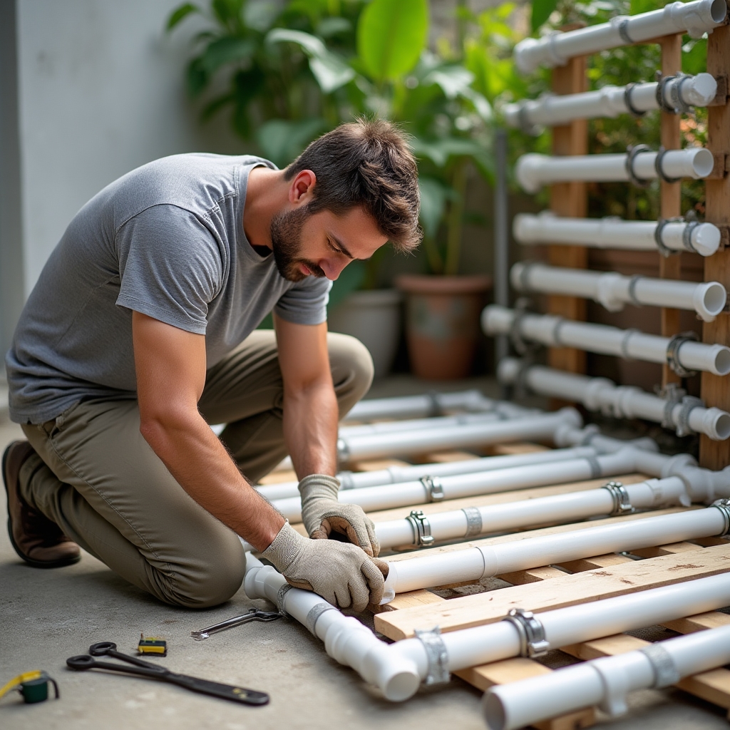 Estructura vertical para macetas armada con caños de PVC y tarimas de madera reciclada