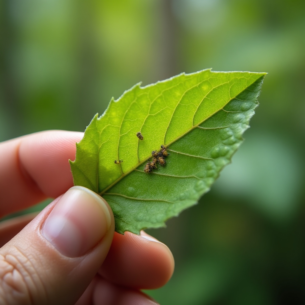 Hoja con presencia de pulgones observada de cerca para diagnóstico